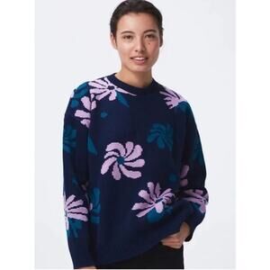 NWT! FOR DAYS Oversized Floral Crew Sweater in Dark Blue Floral Organic Cotton